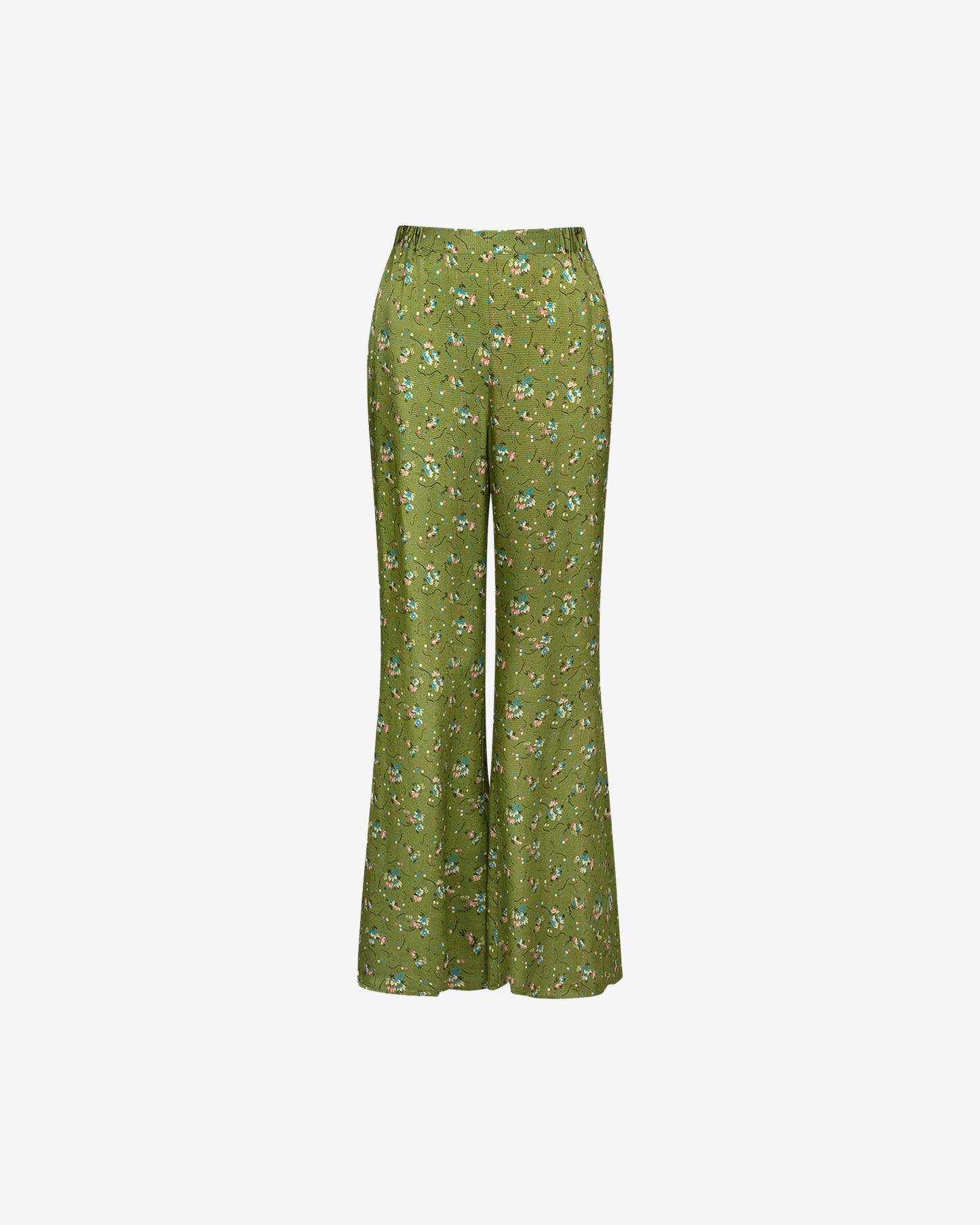 Pantalon Gan - Vert : Pantalon coupe légèrement flare, imprimé floral, taille élastiquée Mes Demoiselles