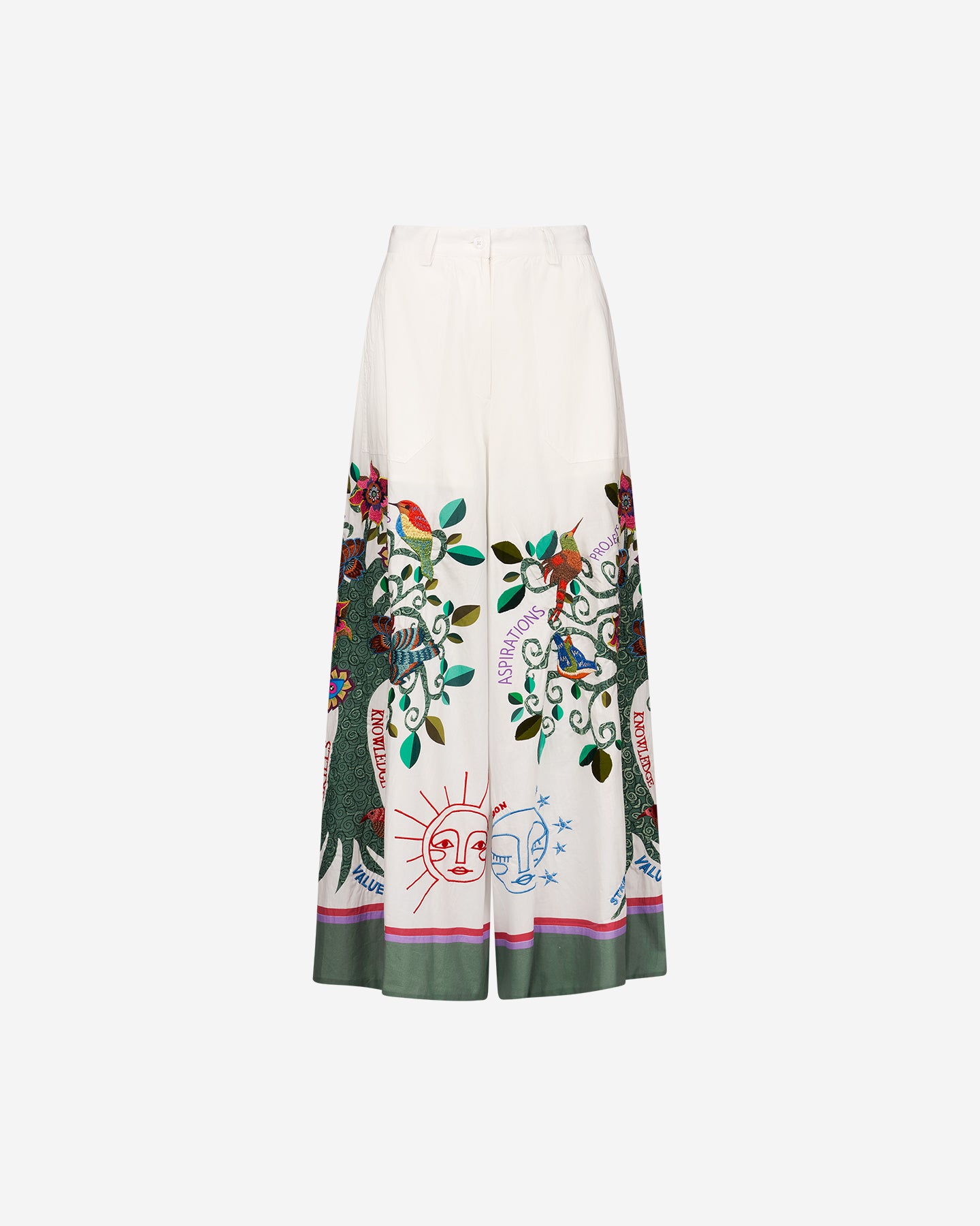 Pantalon Tophora - Vert : Pantalon large et long en popeline brodée Mes Demoiselles