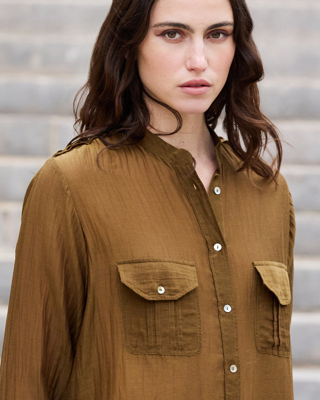 Chemise Lenny - Marron : Blouse chemise en gaze de coton et soie kaki Mes Demoiselles - Image 3