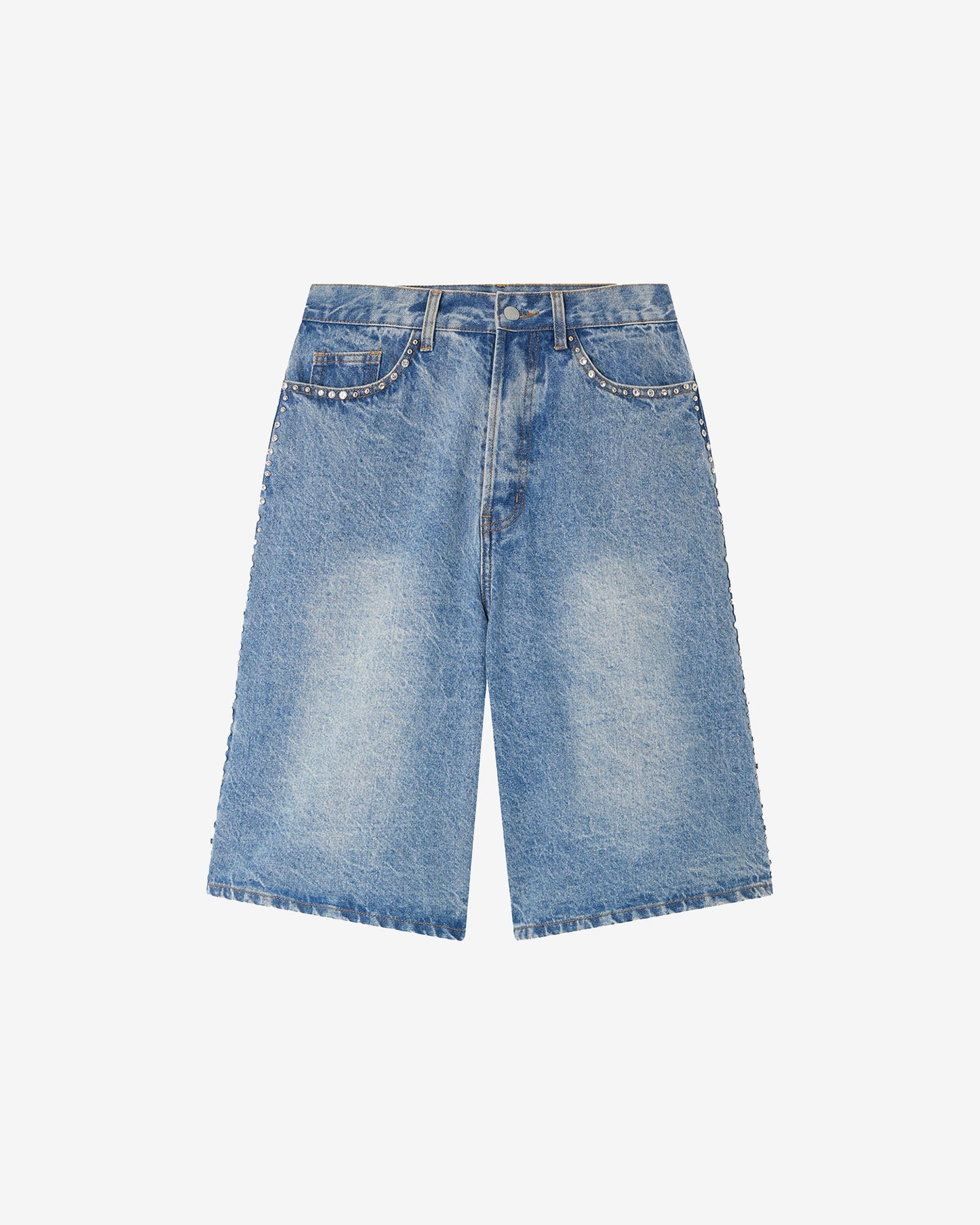 Bermuda Muffin - Bleu : Bermuda long en denim bleu et pièces argentés Mes Demoiselles