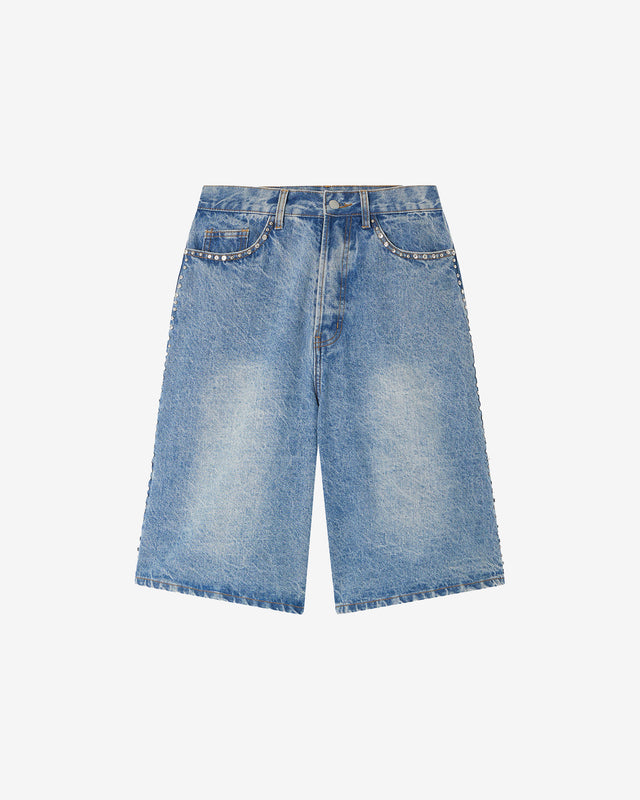 Bermuda Muffin - Bleu : Bermuda long en denim bleu et pièces argentés Mes Demoiselles - Dernière image