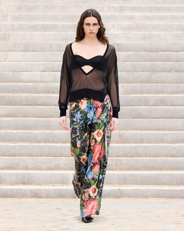 Pantalon large en jacquard lurex imprimé grandes fleurs - Pantalons & combinaisons Mes Demoiselles - Image 1