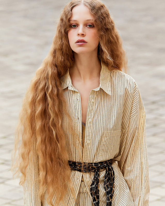 Chemise Sumira - Sable : Chemise en popeline de coton beige et rayures noir et gold Mes Demoiselles - Image 3