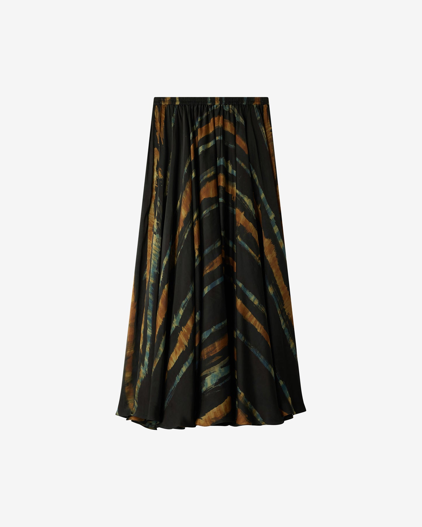 Jupe Lex - Ocre : Jupe à godets en viscose satinée tie & dye – Bleu, Noir et ocre Mes Demoiselles