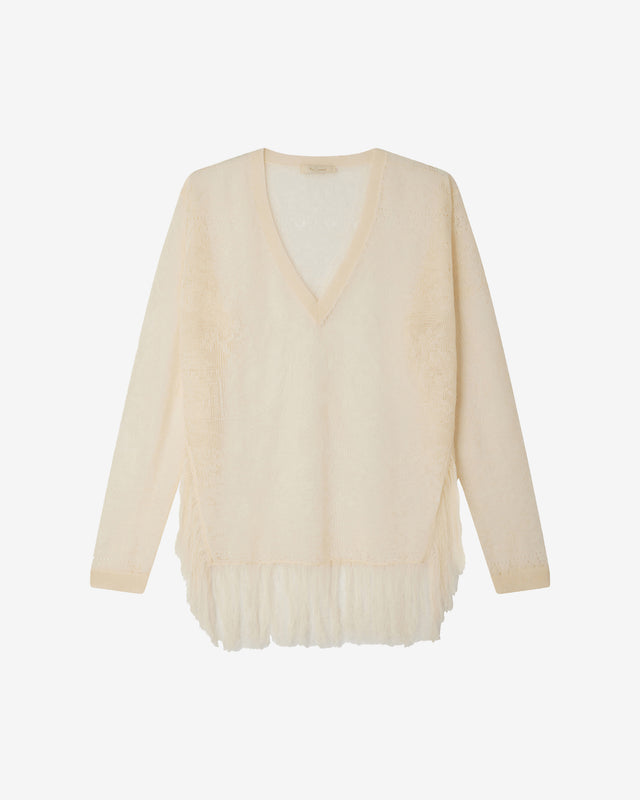 Pull Birpal - Beige : Pull façon poncho beige en pointelle et dentelle ajourée Mes Demoiselles - Dernière image