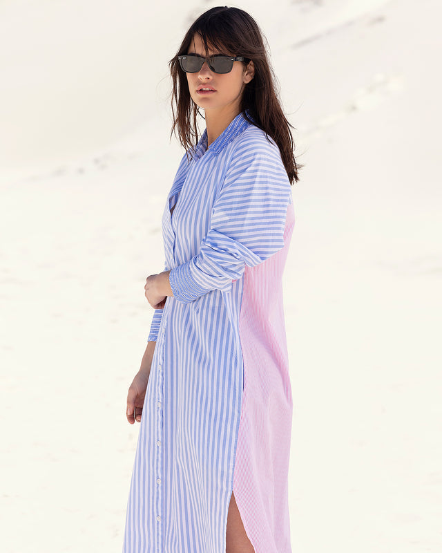 Robe Pastel - Bleu : Robe chemise en popeline de coton rayé bleu et rose Mes Demoiselles - Image 3