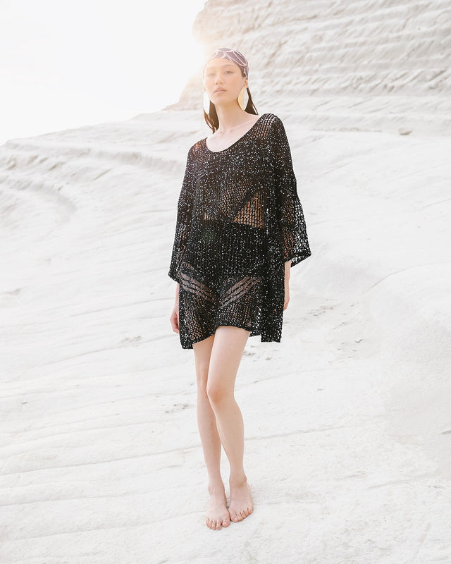 Sweater en maille ajourées et pailletées noires - Pulls & gilets Mes Demoiselles - Image 1