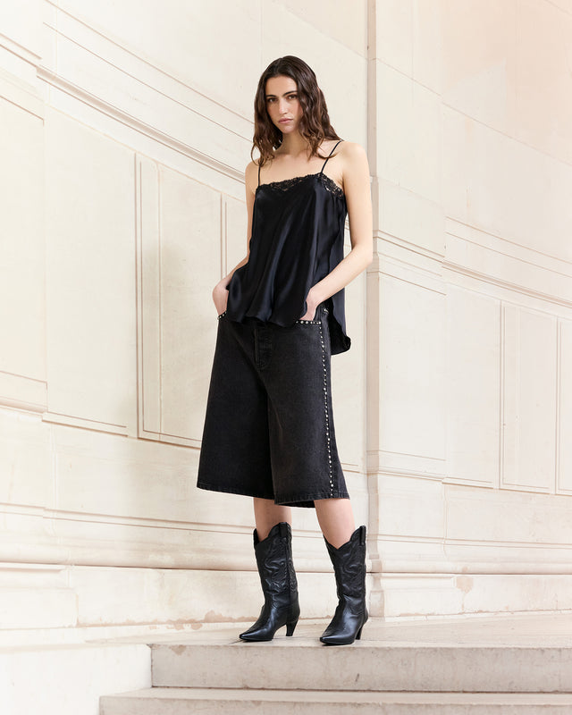Top en soie noire avec dentelle française - Chemises & tops Mes Demoiselles - Image 1