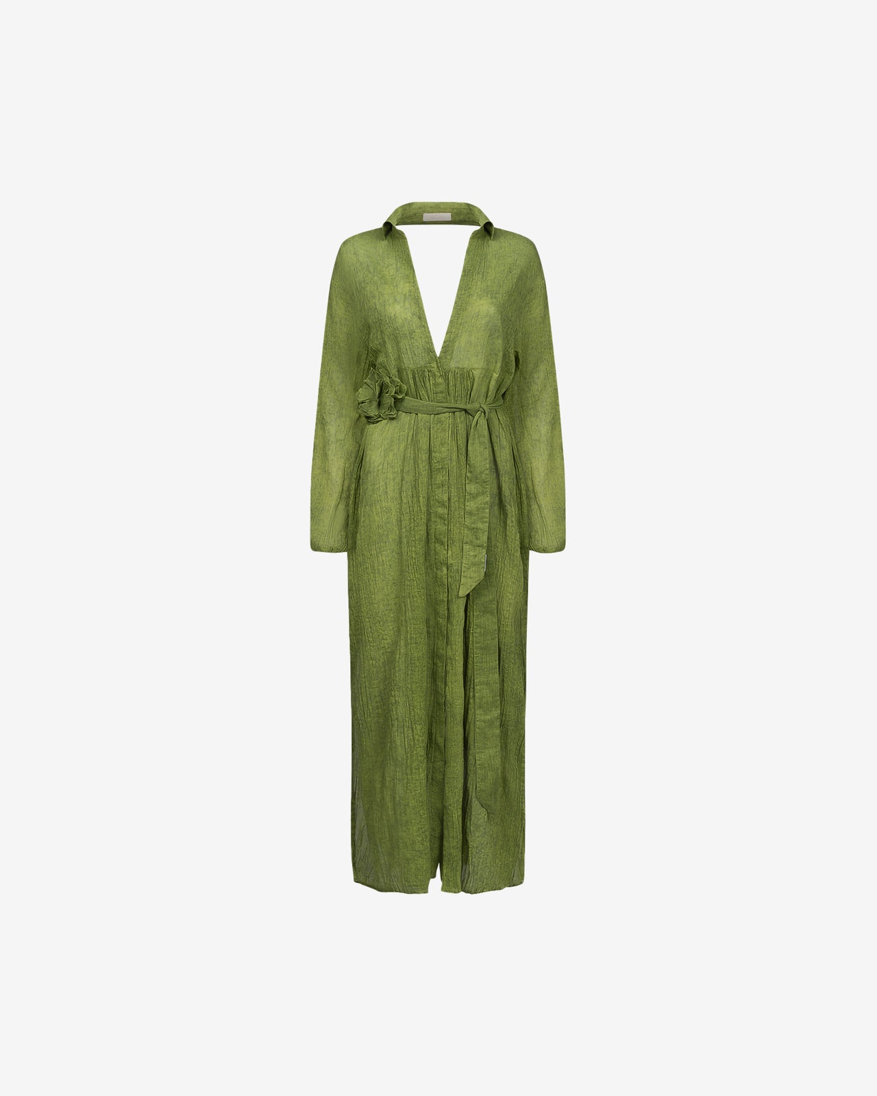 Robe longue plissée, vert, col chemise, fluide et élégante - Robes Mes Demoiselles - Image 1