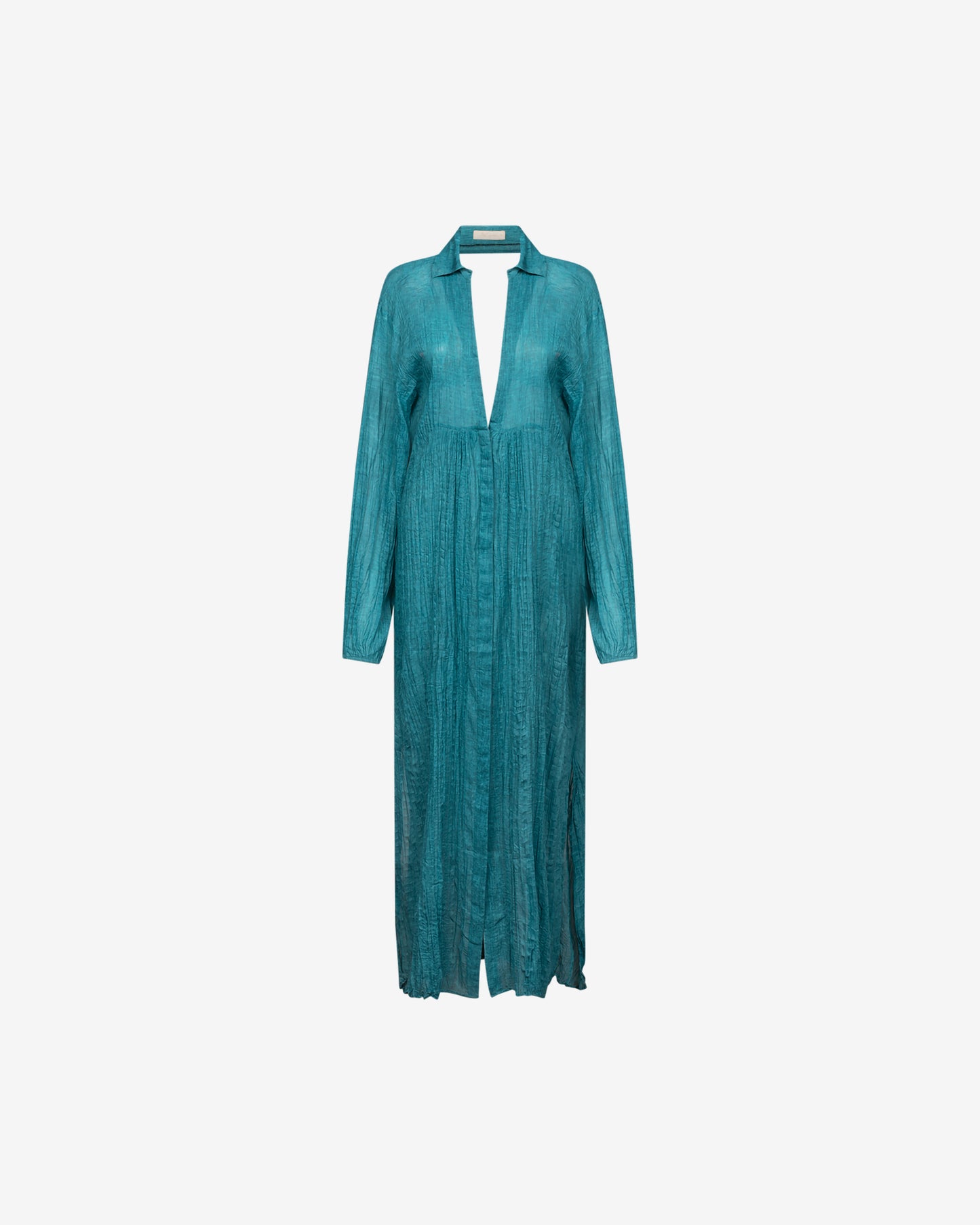 Robe longue turquoise plissée, col chemise, fluide et élégante - Robes Mes Demoiselles