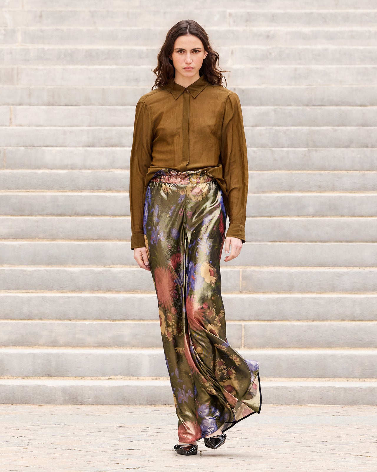 Pantalon en voile lurex imprimé floral fondu - Pantalons & combinaisons Mes Demoiselles - Image 1