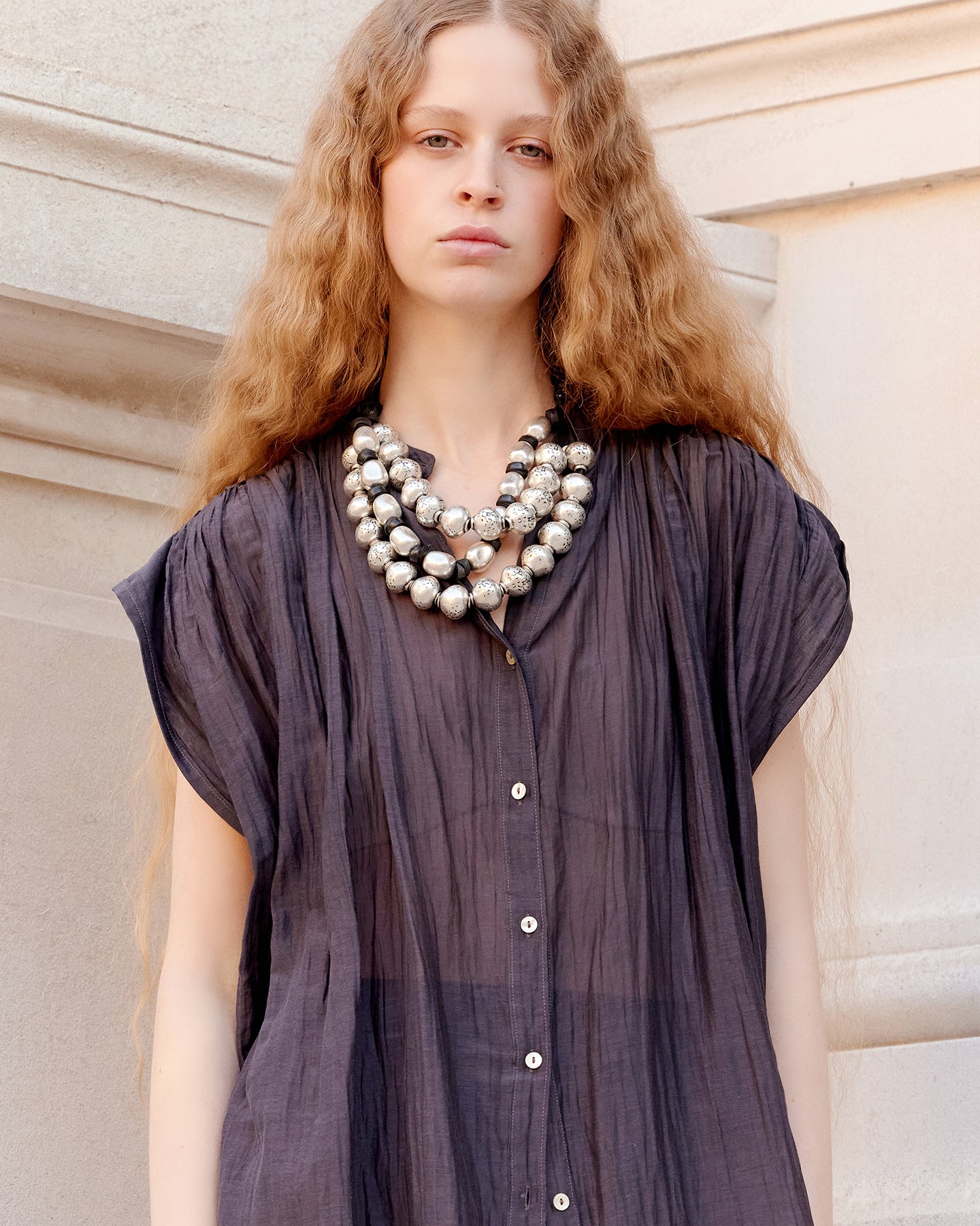 Chemise Lana - Gris Violine : Chemise longue sans manches en gaze de coton et soie grise Mes Demoiselles