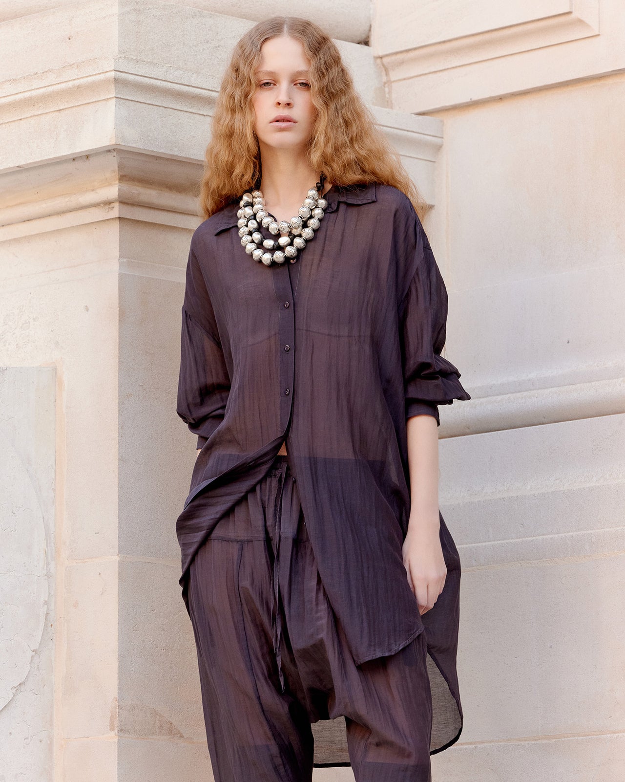 Chemise souple et longue en gaze de coton et soie grise - Chemises & tops Mes Demoiselles - Image 3