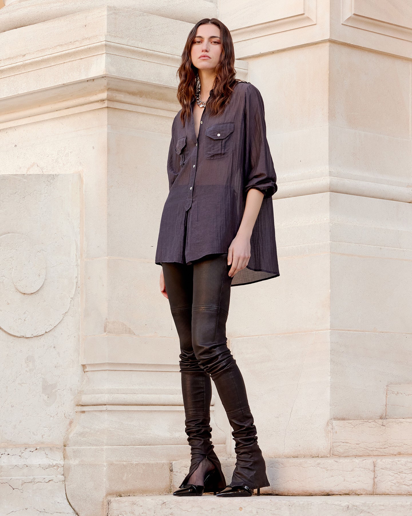 Blouse chemise en gaze de coton et soie grise - Chemises & tops Mes Demoiselles