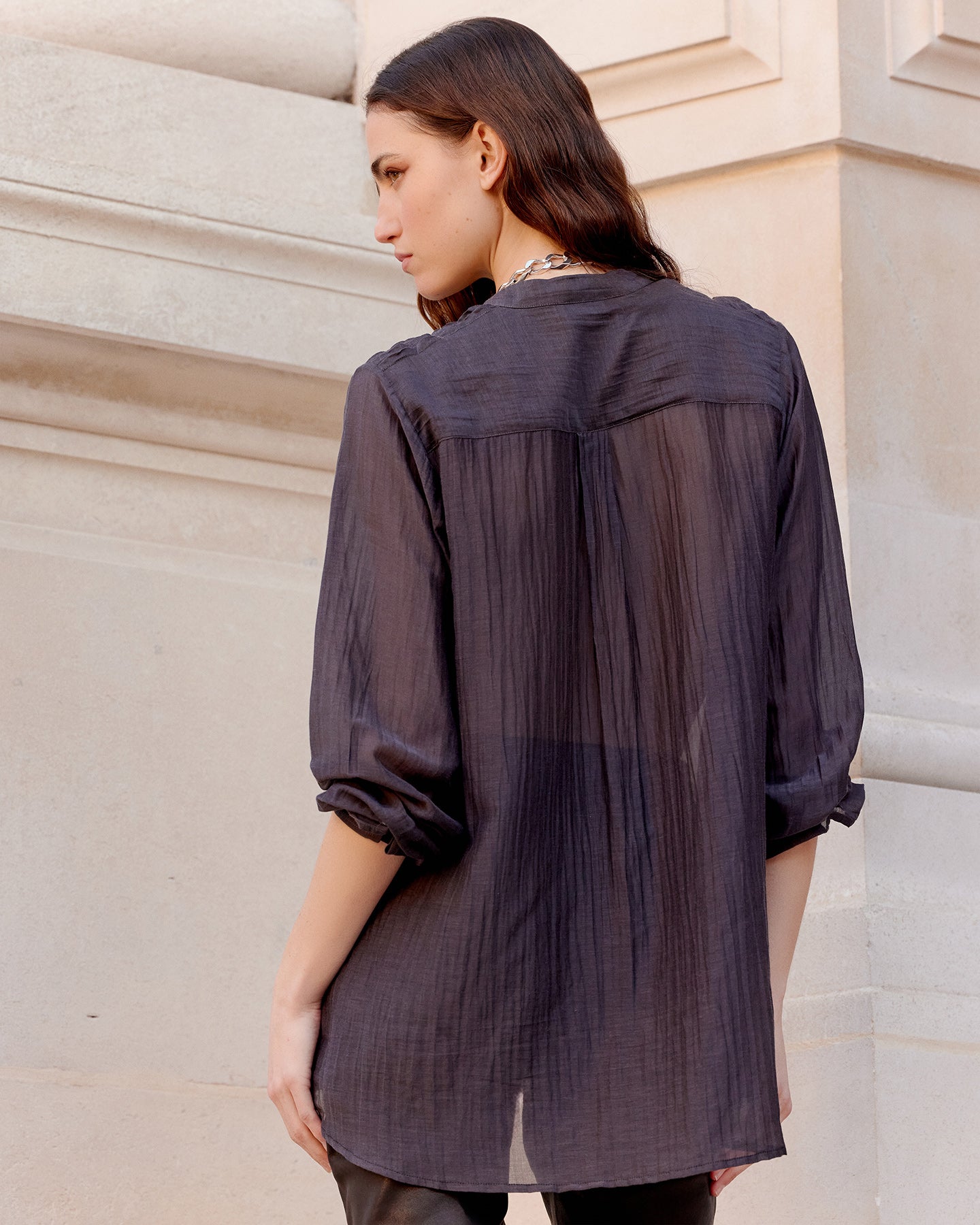 Chemise Lenny - Gris Violine : Blouse chemise en gaze de coton et soie grise Mes Demoiselles