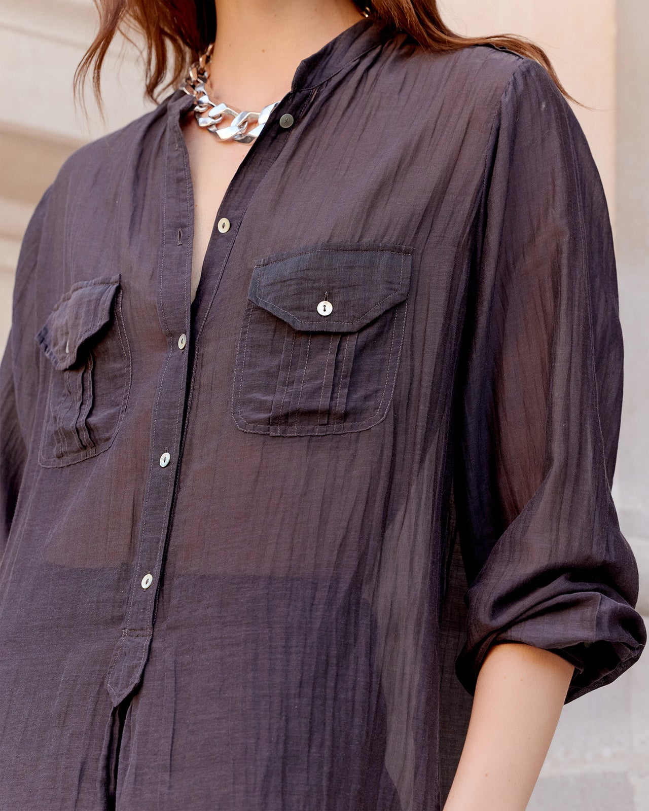 Chemise Lenny - Gris Violine : Blouse chemise en gaze de coton et soie grise Mes Demoiselles - Image 5