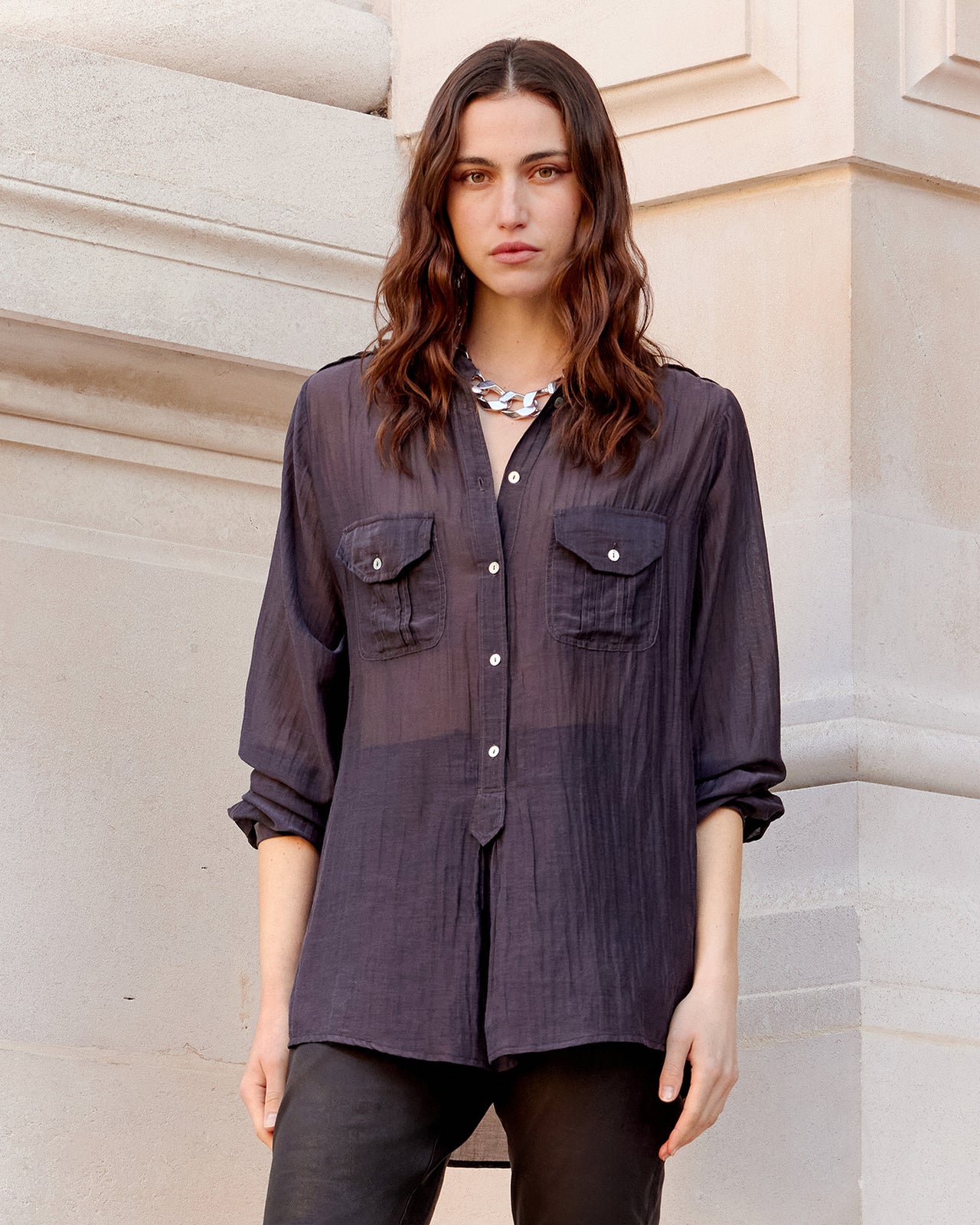 Chemise Lenny - Gris Violine : Blouse chemise en gaze de coton et soie grise Mes Demoiselles - Image 6