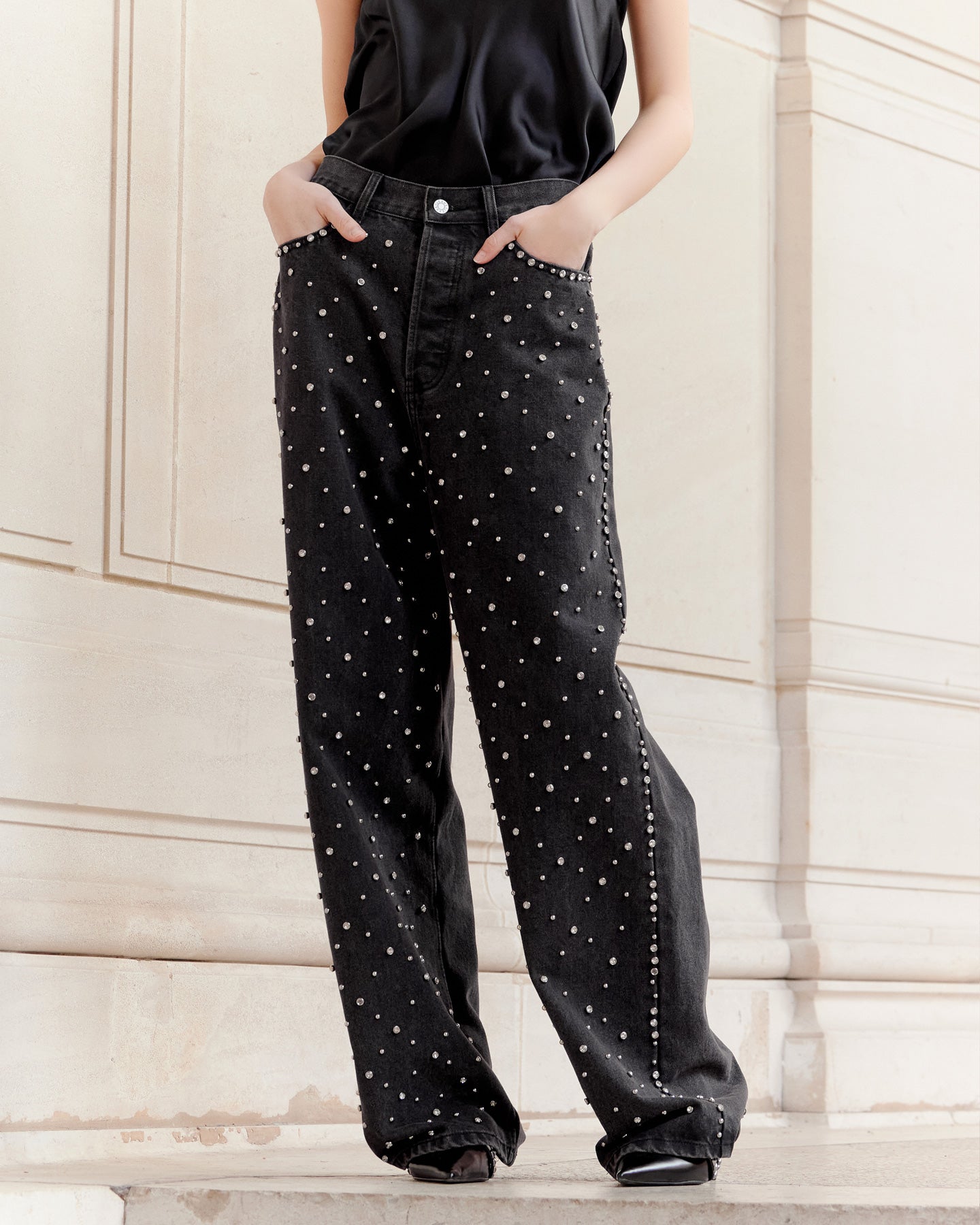 Jean oversize noir avec détails argentés - Pantalons & combinaisons Mes Demoiselles