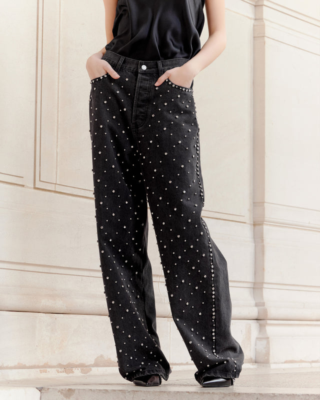 Jean oversize noir avec détails argentés - Pantalons & combinaisons Mes Demoiselles - Image 3