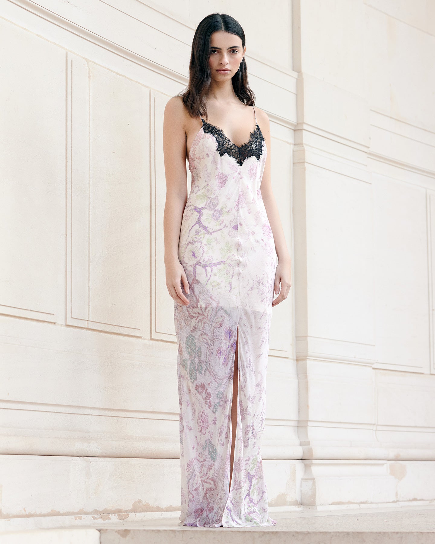 Robe longue imprimé fondu délicat et dentelle noire - Robes Mes Demoiselles