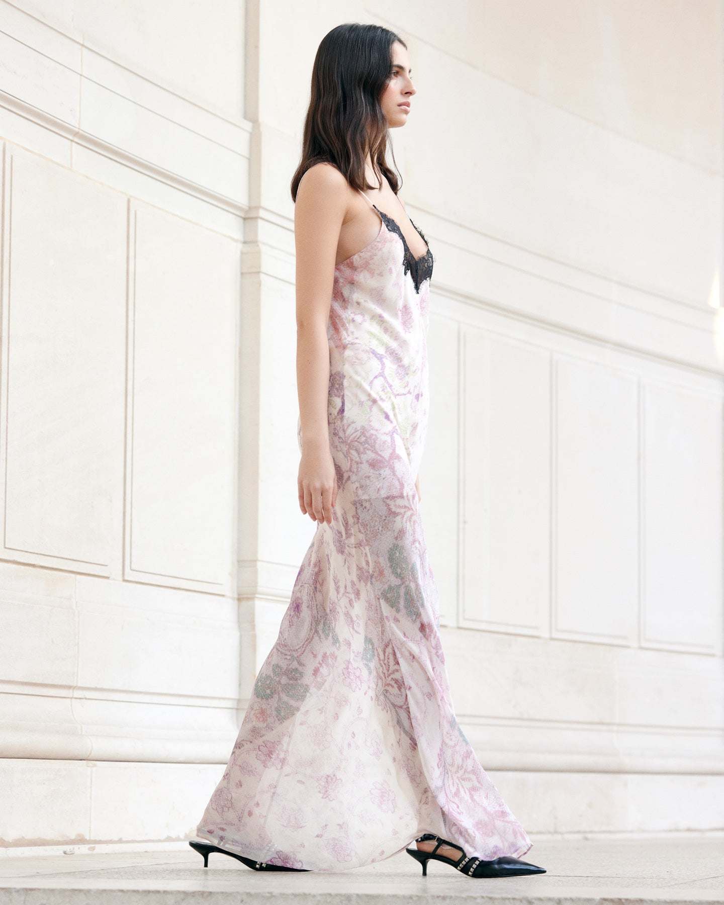 Robe Primrose - Noir : Robe longue imprimé fondu délicat et dentelle noire Mes Demoiselles