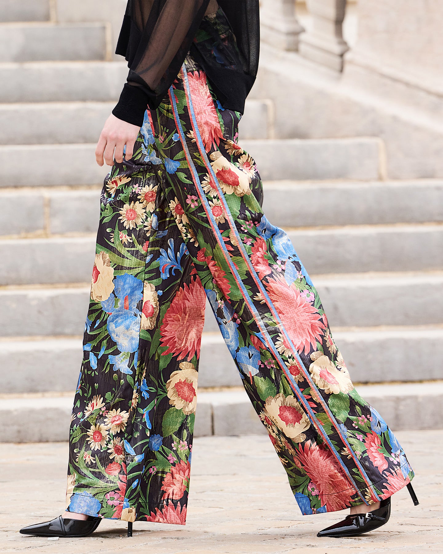 Pantalon large en jacquard lurex imprimé grandes fleurs - Pantalons & combinaisons Mes Demoiselles