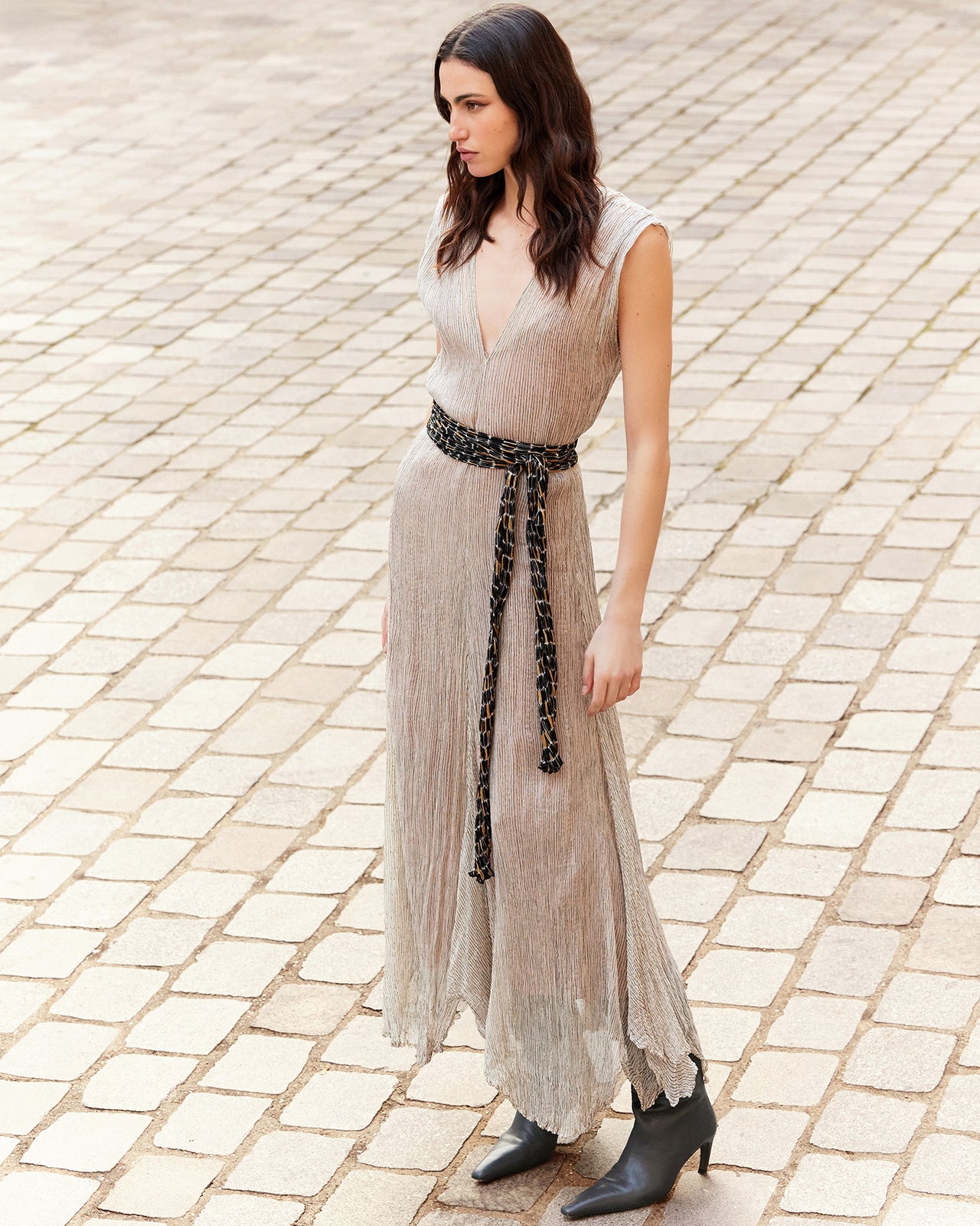 Robe Sami - Beige : Longue robe en viscose craquante beige et rayé Mes Demoiselles - Image 5