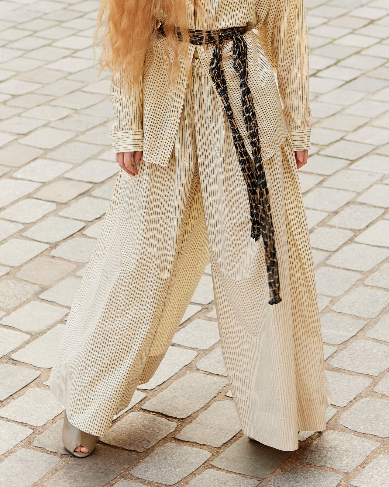 Pantalon large en coton beige et fines rayures - Pantalons & combinaisons Mes Demoiselles - Image 1