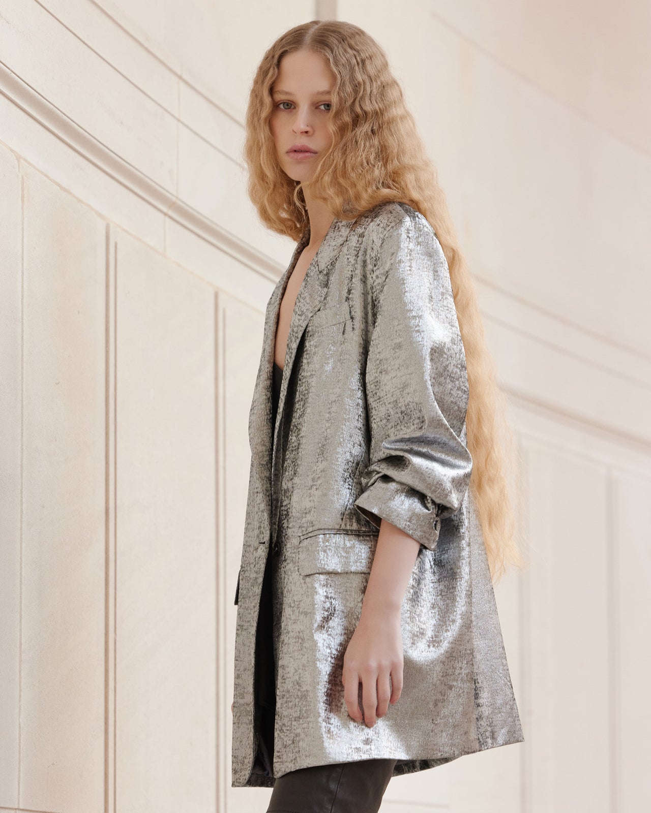 Veste Siane - Argent : Veste souple et oversize argent en velvet brillant Mes Demoiselles - Image 5