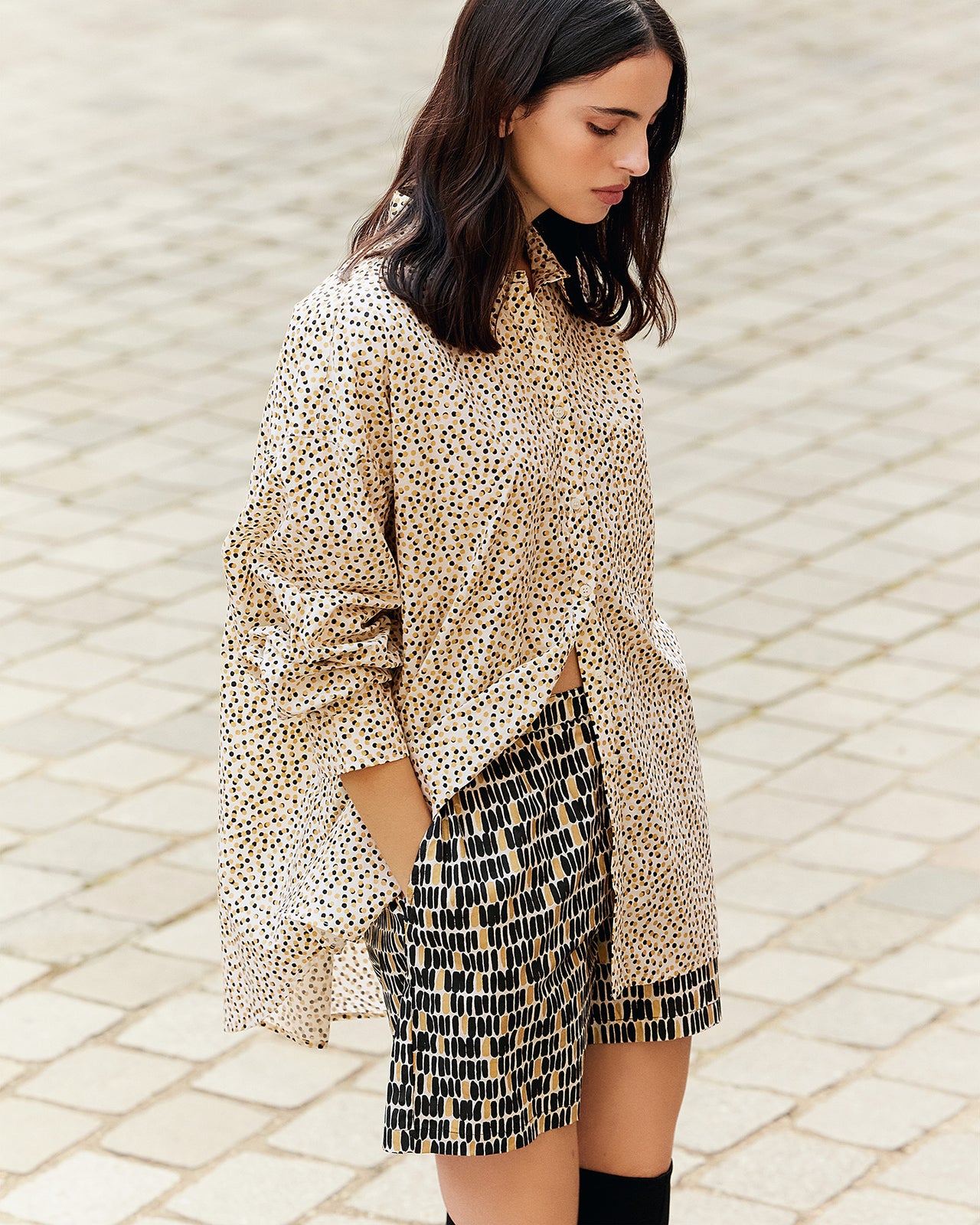 Chemise en popeline de coton beige rayé noir et pois gold - Chemises & tops Mes Demoiselles - Image 3