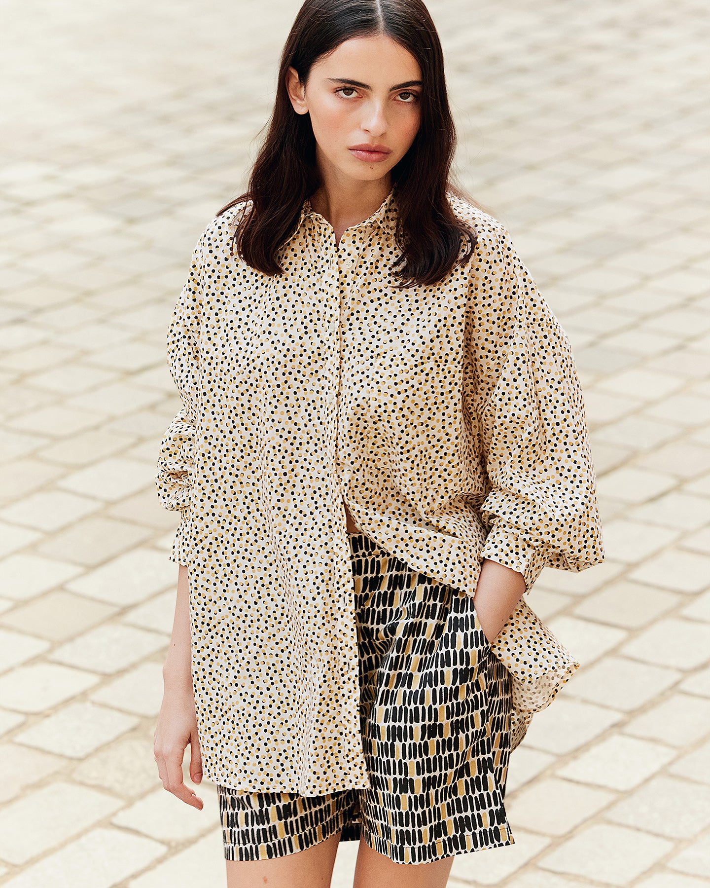 Chemise Sumira - Beige : Chemise en popeline de coton beige rayé noir et pois gold Mes Demoiselles