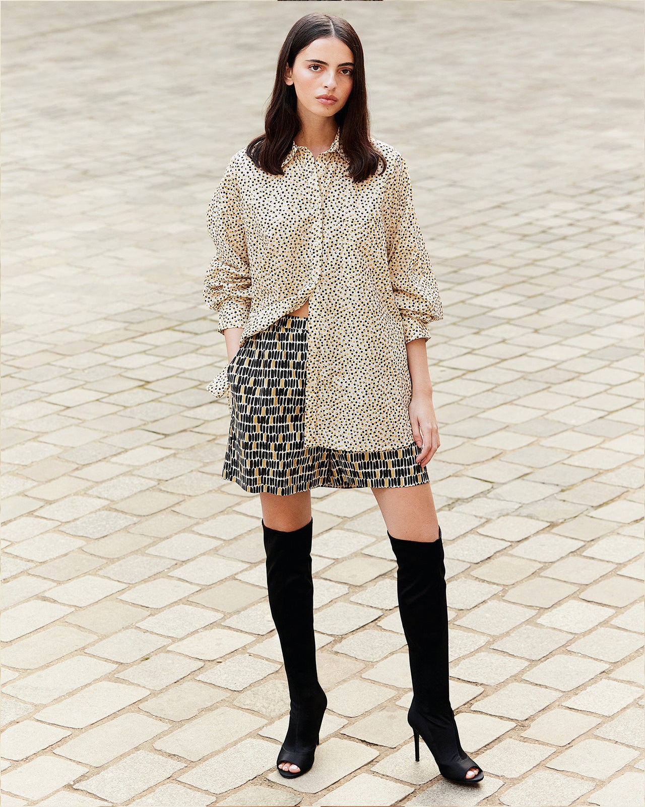 Chemise en popeline de coton beige rayé noir et pois gold - Chemises & tops Mes Demoiselles - Image 1