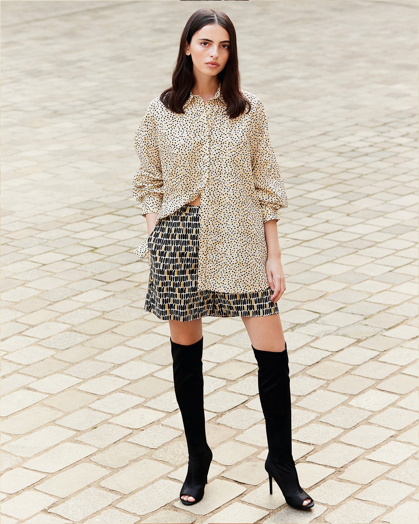 Chemise en popeline de coton beige rayé noir et pois gold - Chemises & tops Mes Demoiselles