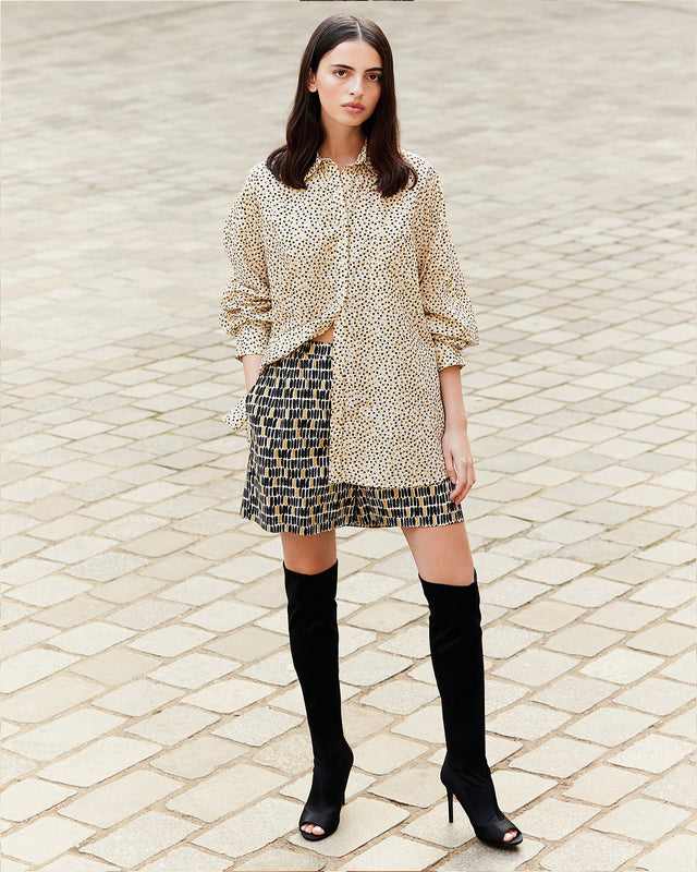 Chemise en popeline de coton beige rayé noir et pois gold - Chemises & tops Mes Demoiselles - Image 1