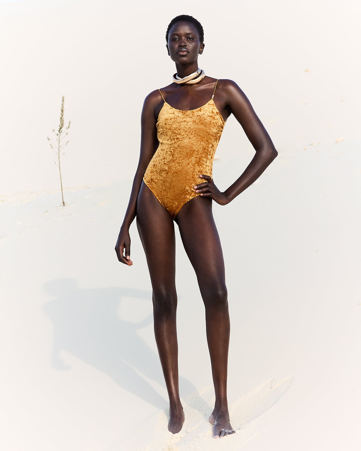 Maillot de bain 1 pièce en velours ocre & perles argentées - Maillots de bain Mes Demoiselles