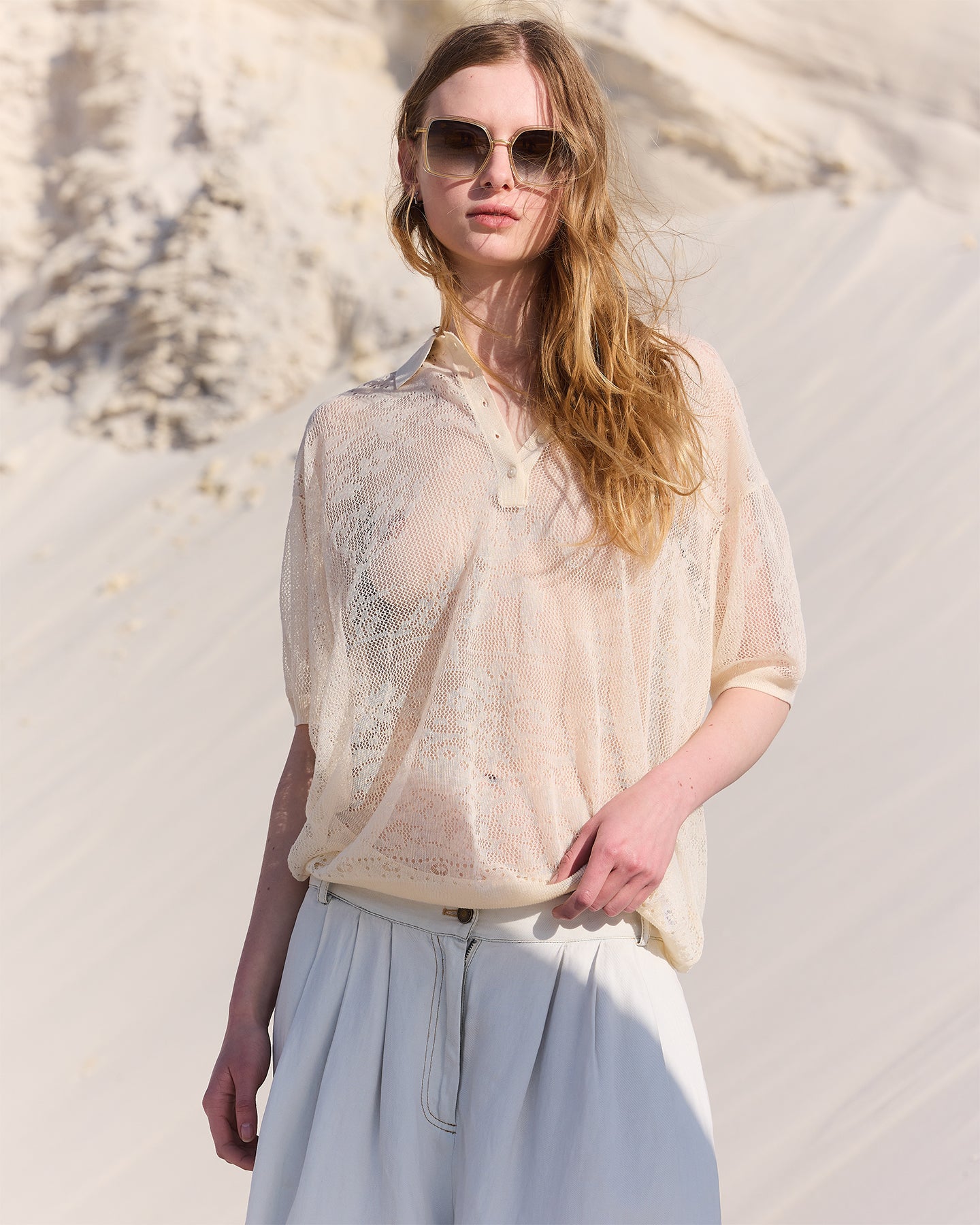 Polo en pointelle et dentelle raffinée beige - Pulls & gilets Mes Demoiselles