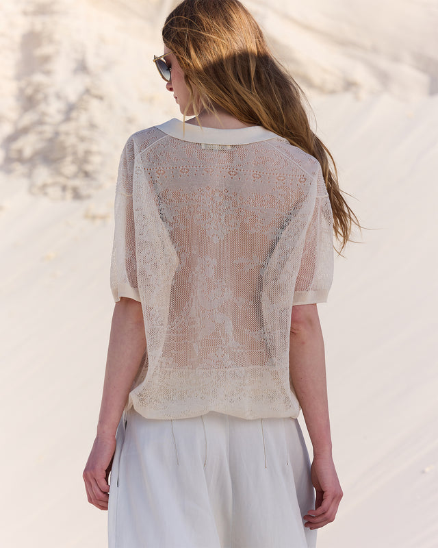 Pull Birjot - Beige : Polo en pointelle et dentelle raffinée beige Mes Demoiselles - Image 3