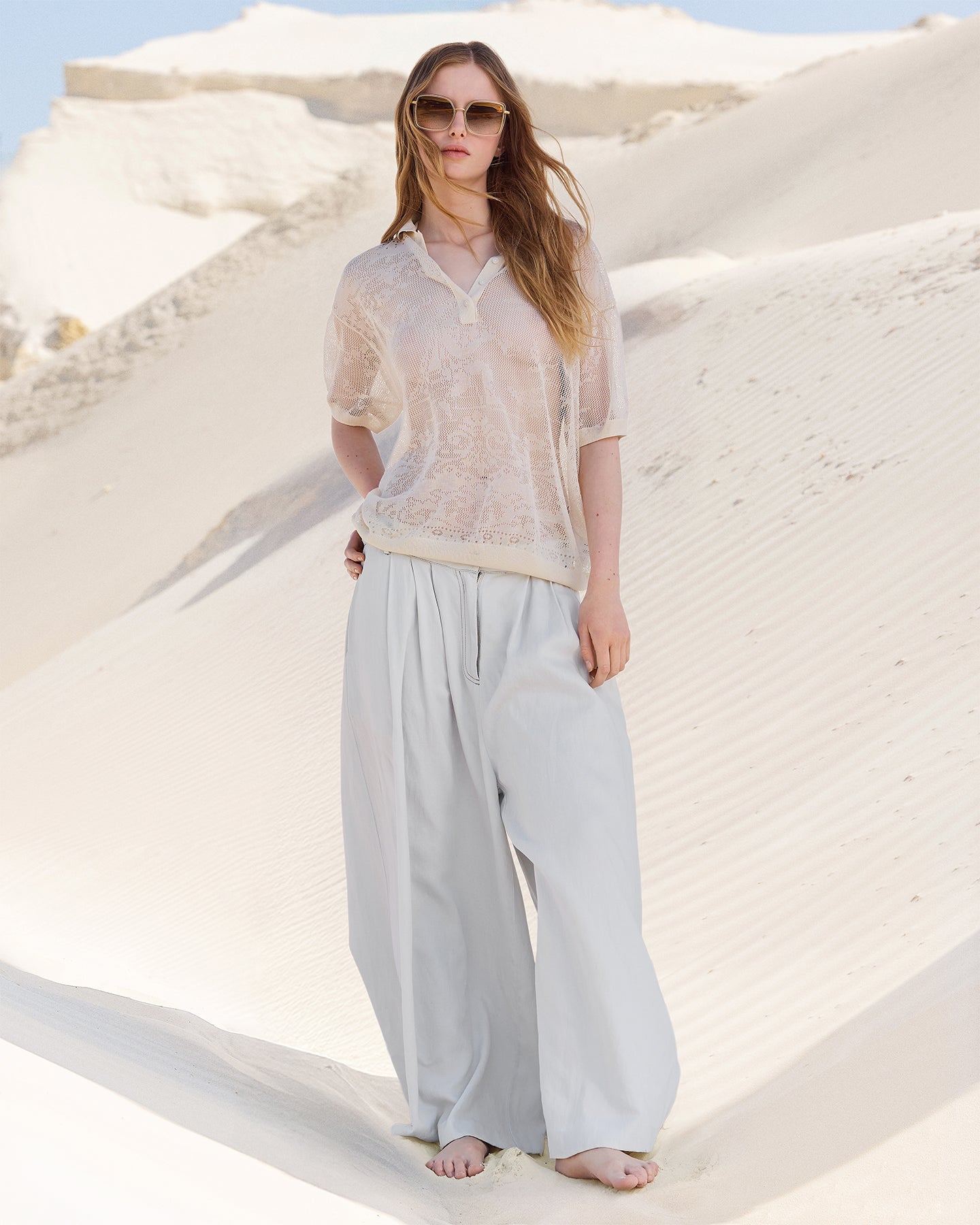 Polo en pointelle et dentelle raffinée beige - Pulls & gilets Mes Demoiselles