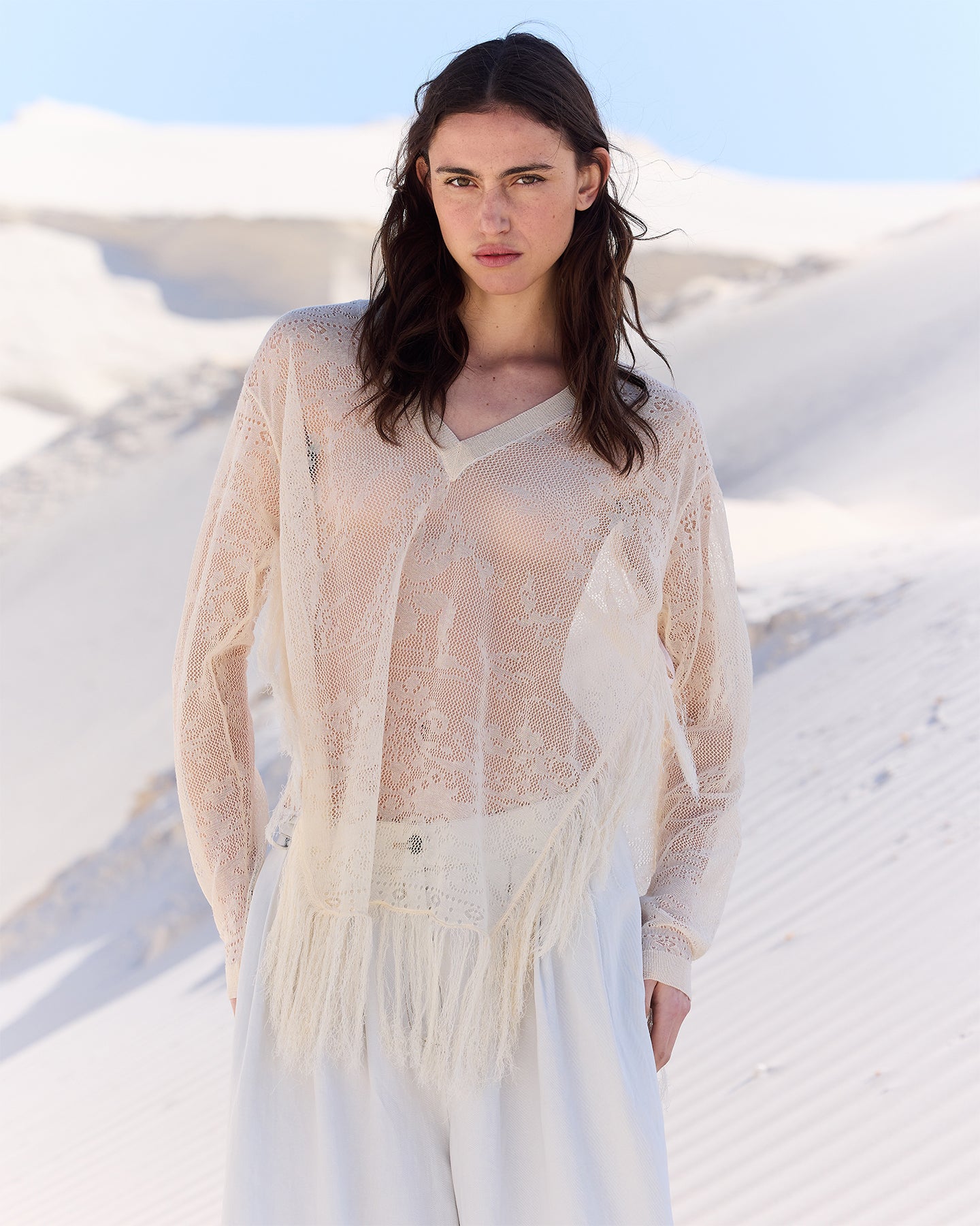 Pull façon poncho beige en pointelle et dentelle ajourée - Pulls & gilets Mes Demoiselles