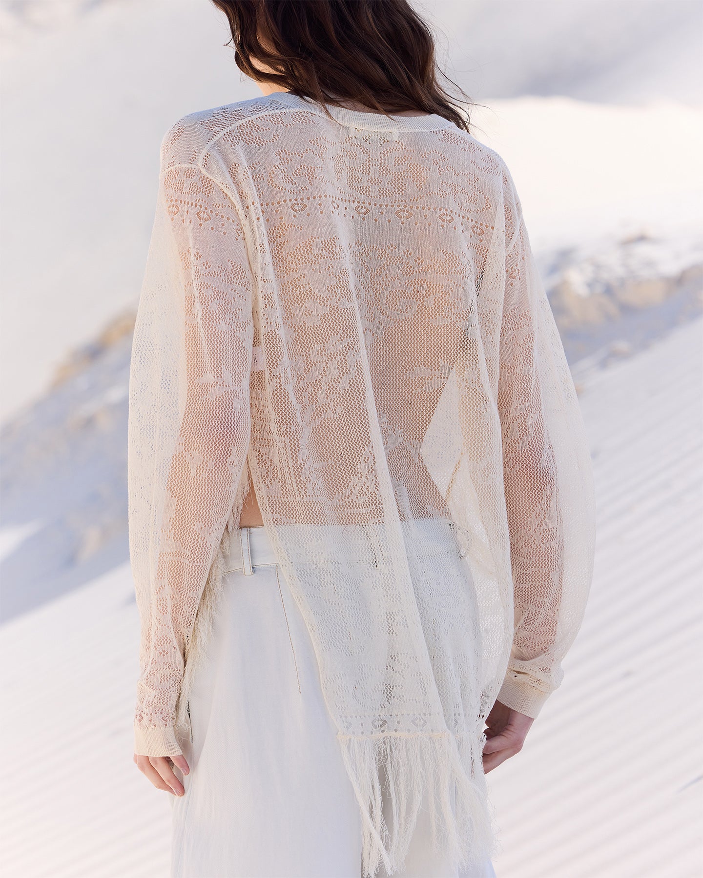 Pull Birpal - Beige : Pull façon poncho beige en pointelle et dentelle ajourée Mes Demoiselles