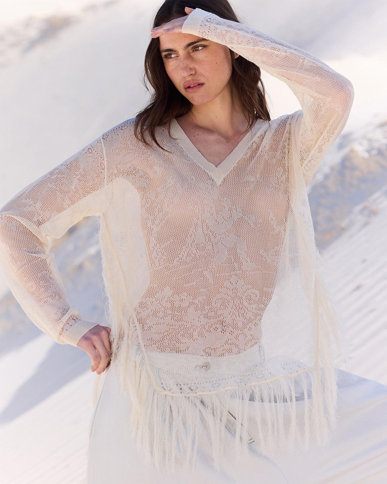 Pull Birpal - Beige : Pull façon poncho beige en pointelle et dentelle ajourée Mes Demoiselles - Image 7