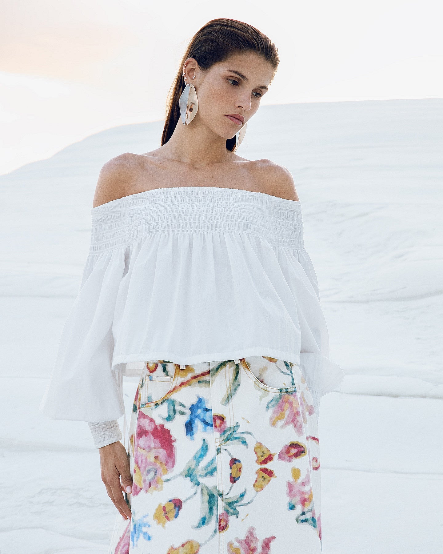 Blouse Pyrite - Blanc : Top en popeline de coton blanche encolure smockée Mes Demoiselles