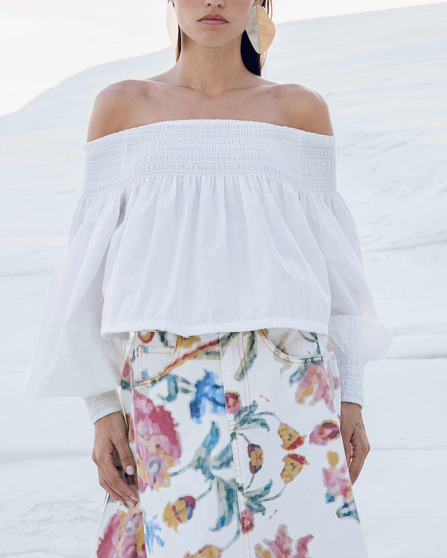 Blouse Pyrite - Blanc : Top en popeline de coton blanche encolure smockée Mes Demoiselles