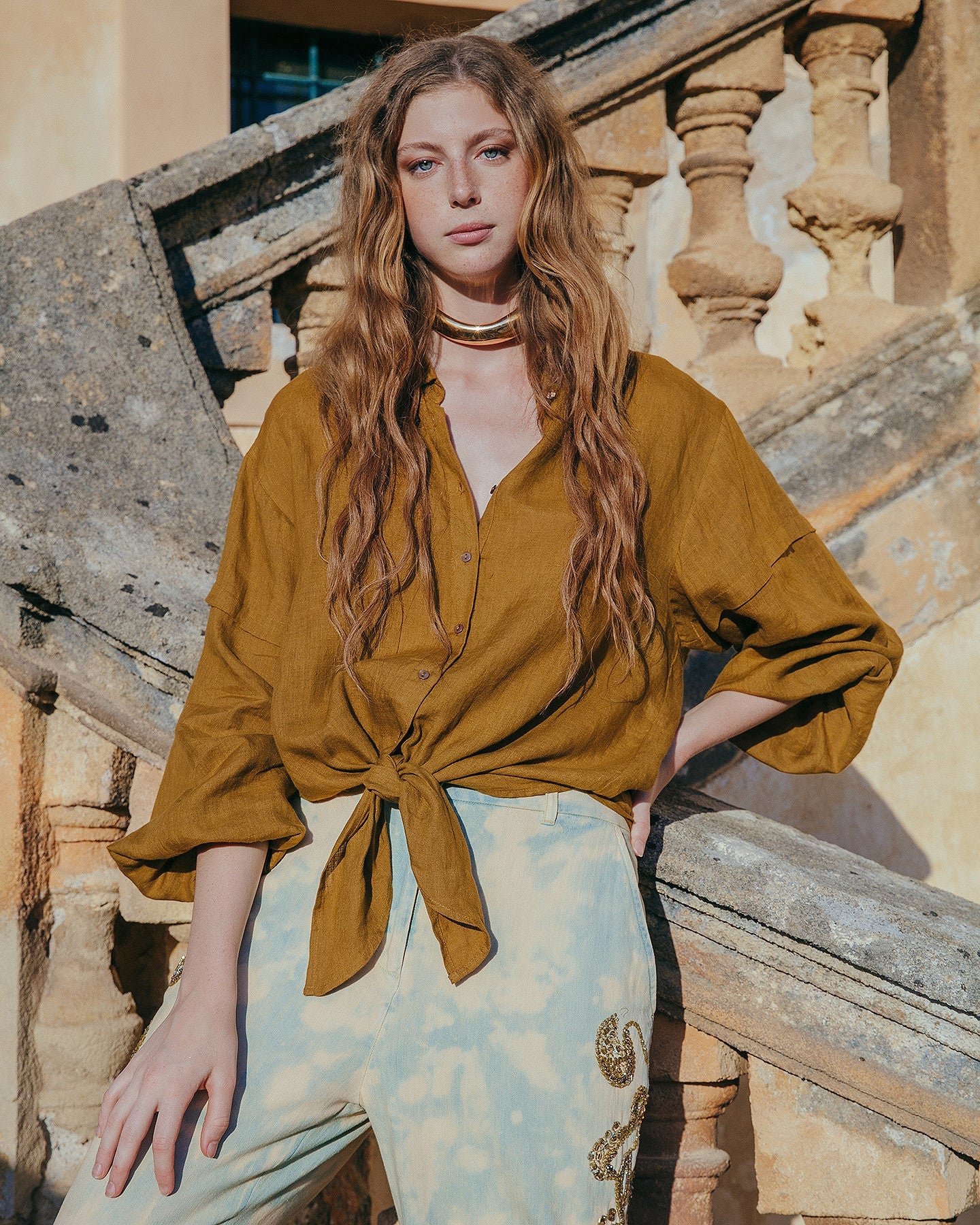 Chemise en lin couleur bronze à nouer - Chemises & tops Mes Demoiselles