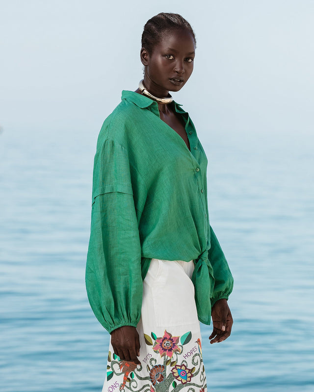 Chemise en lin couleur verte à nouer - Chemises & tops Mes Demoiselles - Image 2