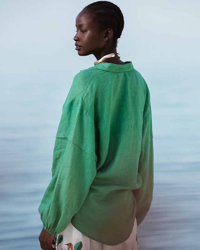 Chemise Cerea - Vert : Chemise en lin couleur verte à nouer Mes Demoiselles - Image 3