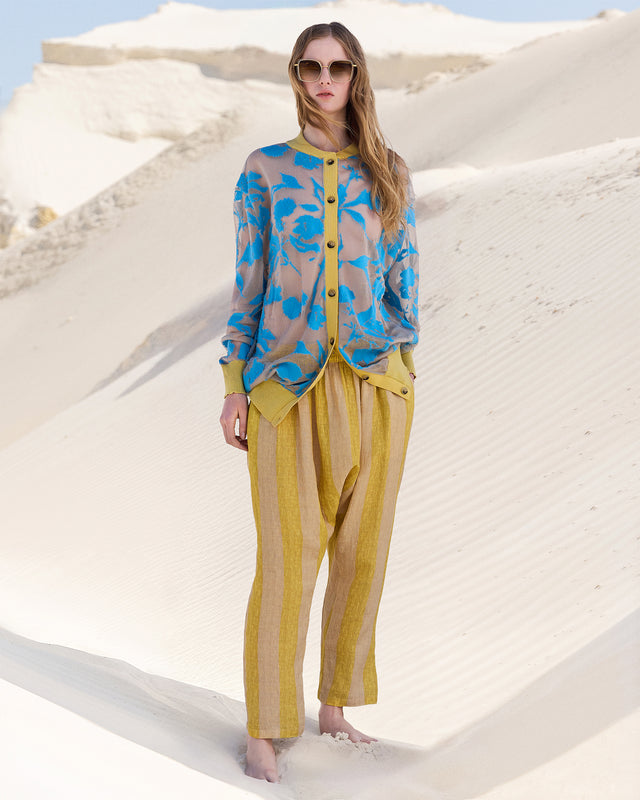 Pantalon sarouel en soie fine et naturelle rayé jaune - Pantalons & combinaisons Mes Demoiselles - Image 1