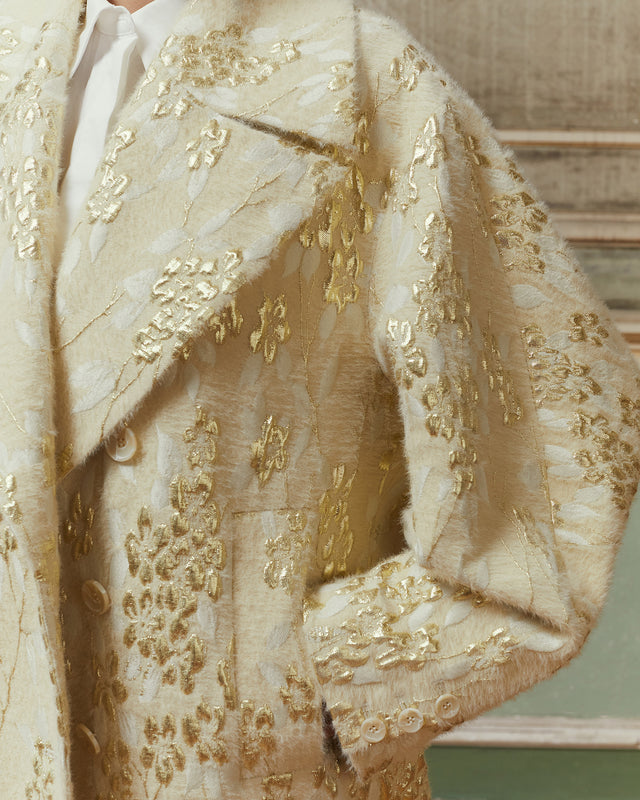 Long manteau écru en jacquard avec dessin lurex doré - Manteaux & vestes Mes Demoiselles - Image 2