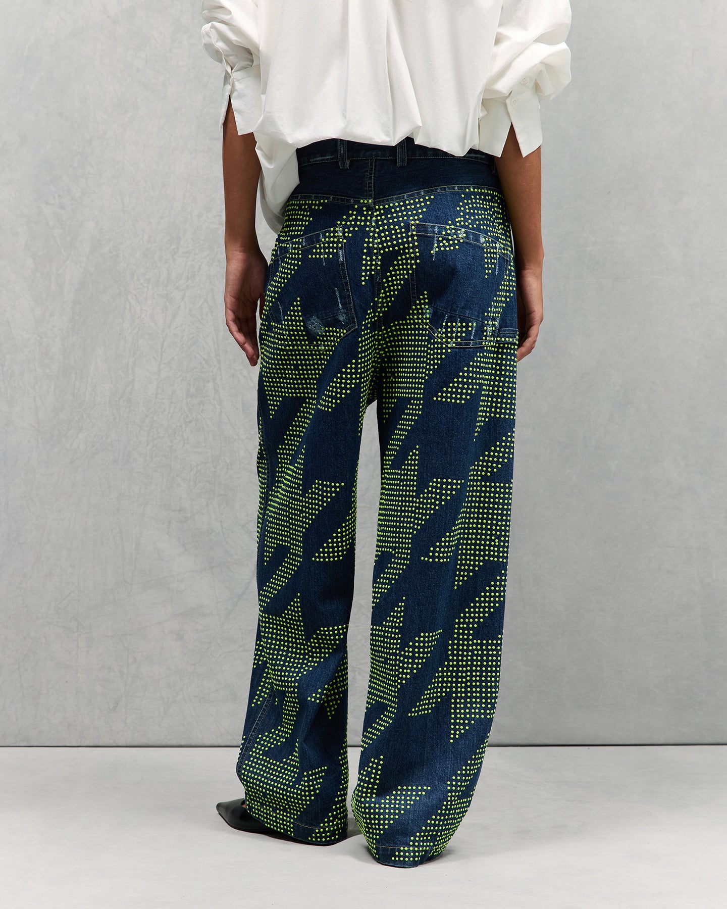 Jeans Redim - Vert : Pantalon en toile denim et clous fluo Mes Demoiselles