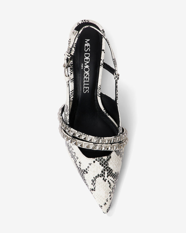 Chaussures Tasha - Gris : Escarpins en cuir façon reptile avec brides argentées Mes Demoiselles - Dernière image